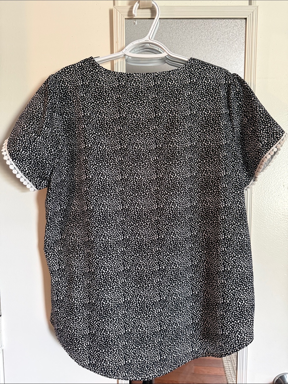 Black & White Dot Short Sleeve Blouse with Lace Trim - Picture 3 of 4